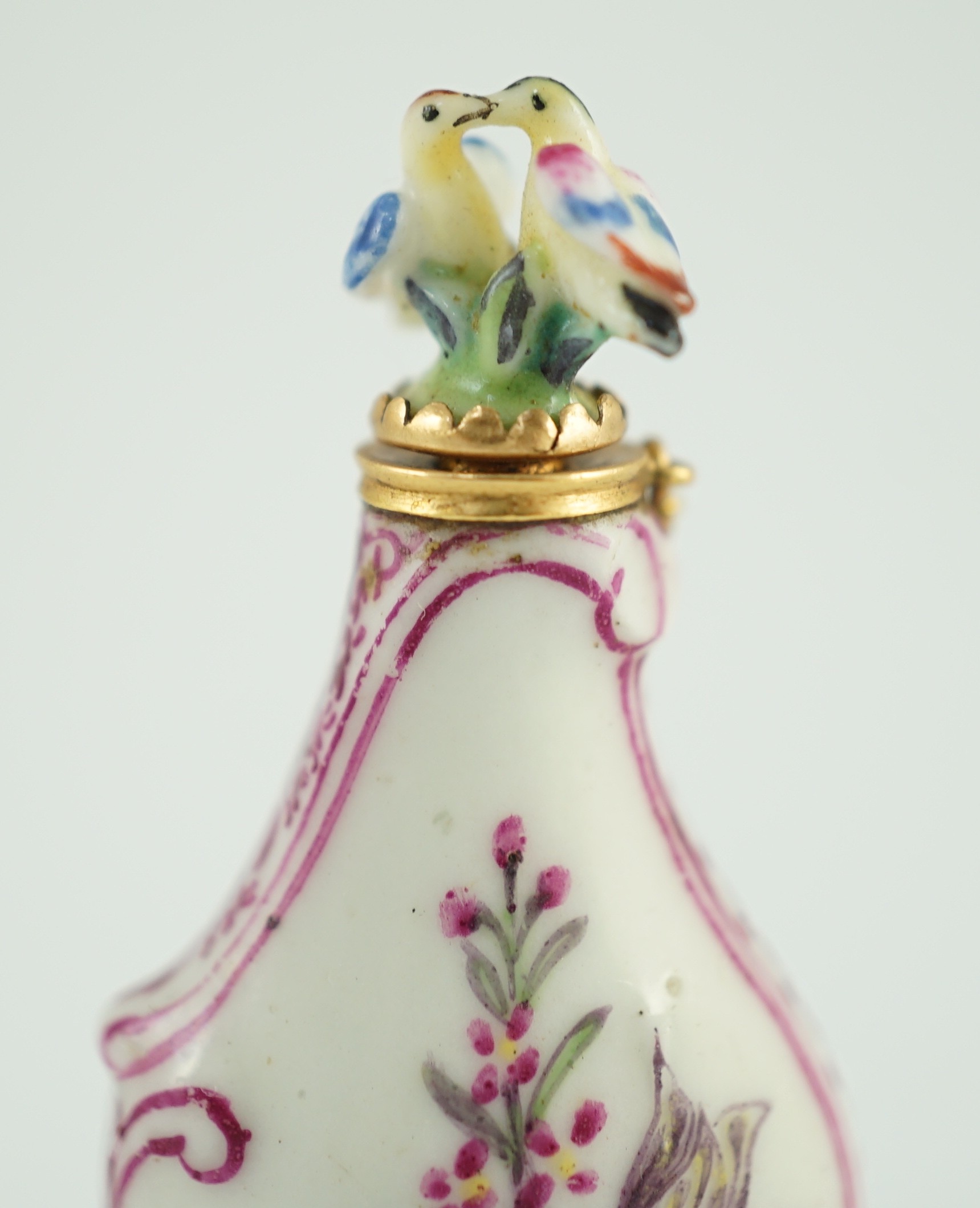 A good Chelsea or St James (Charles Gouyn) gold mounted porcelain scent bottle, c.1755